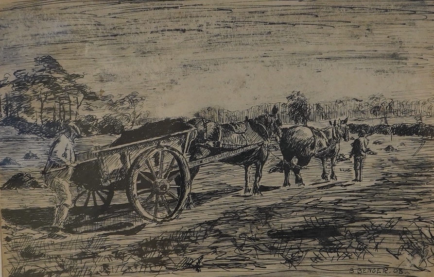 Berenger Benger (1868-1935), pen and ink, Carters in a landscape, signed and dated '08, 15 x 22cm. Condition - fair